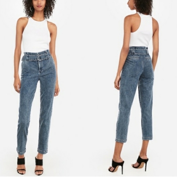 Express Blue Paperbag Belted Super High Rise Denim Ankle Jeans - Picture 1 of 5